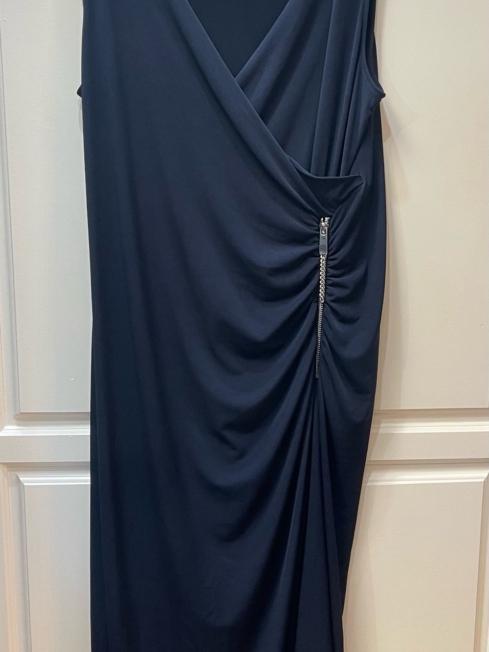 Chico’s Asymmetrical Ruched Knit Dress Ink Navy Blue Size 1 / Medium